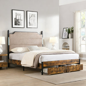 English Elm Queen Upholstered Storage Bed Lamb Fleece Headboard Led Lighting Two Drawers Included W311S00066