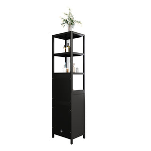 English Elm BLACK Bamboo Tall Slim Cabinet with Shutter Door, 3-Tier Freestanding Linen Tower for Kitchen Bath 39x18x9" W2207P272658
