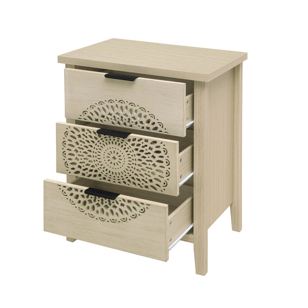 English Elm Hollow-Carved 3 Drawer Cabinet Dresser Storage Chest with Black Metal Handles, Anti-Tip Safety & Elegant Pattern (36.23x18.51x7.88) W688P223042