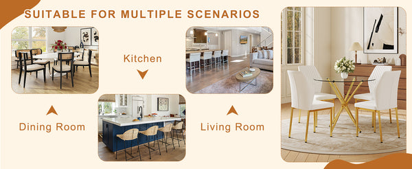 English Elm 4-Piece Modern Luxe Dining Set With Round Glass Table & Elegant White-Gold Chairs For Stylish Interiors W1151S03685