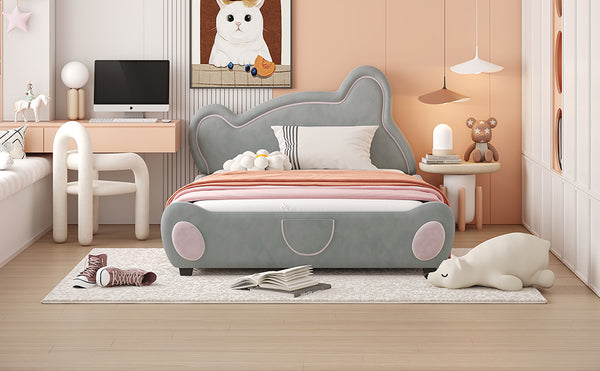 English Elm Full Velvet Bear-Shaped Platform Bed Full Size with Storage Pocket, Cute Cuddly Headboard, Gray Plush Finish SF000143AAE