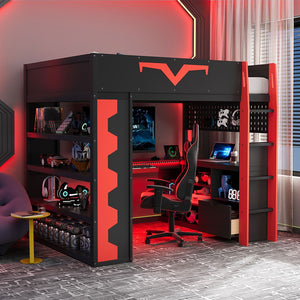 English Elm Full Size Gaming Loft Bed with Desk Rgb Lighting Power Outlet and Storage Drawer Red LT000285AAJ