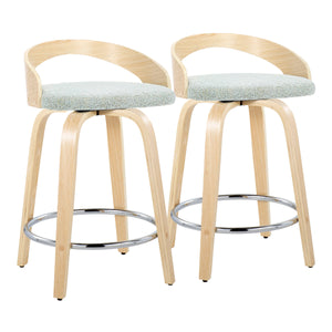 English Elm Grotto 24" Contemporary Counter Stool Set of 2 — Swivel Light Green Fabric, Natural Wood Legs, Chrome Footrest B202S00069