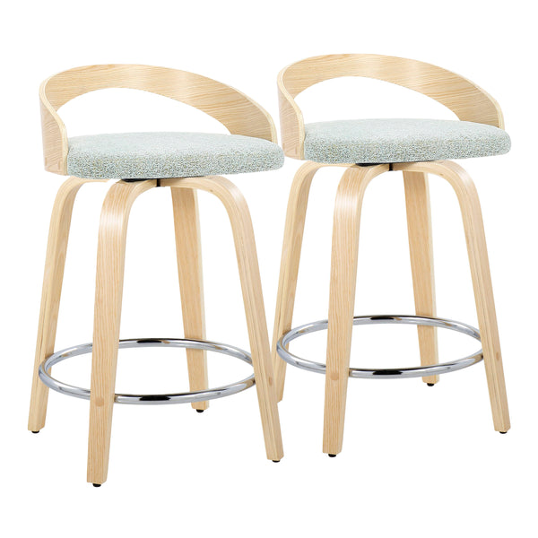 English Elm Grotto 24" Contemporary Counter Stool Set of 2 — Swivel Light Green Fabric, Natural Wood Legs, Chrome Footrest B202S00069