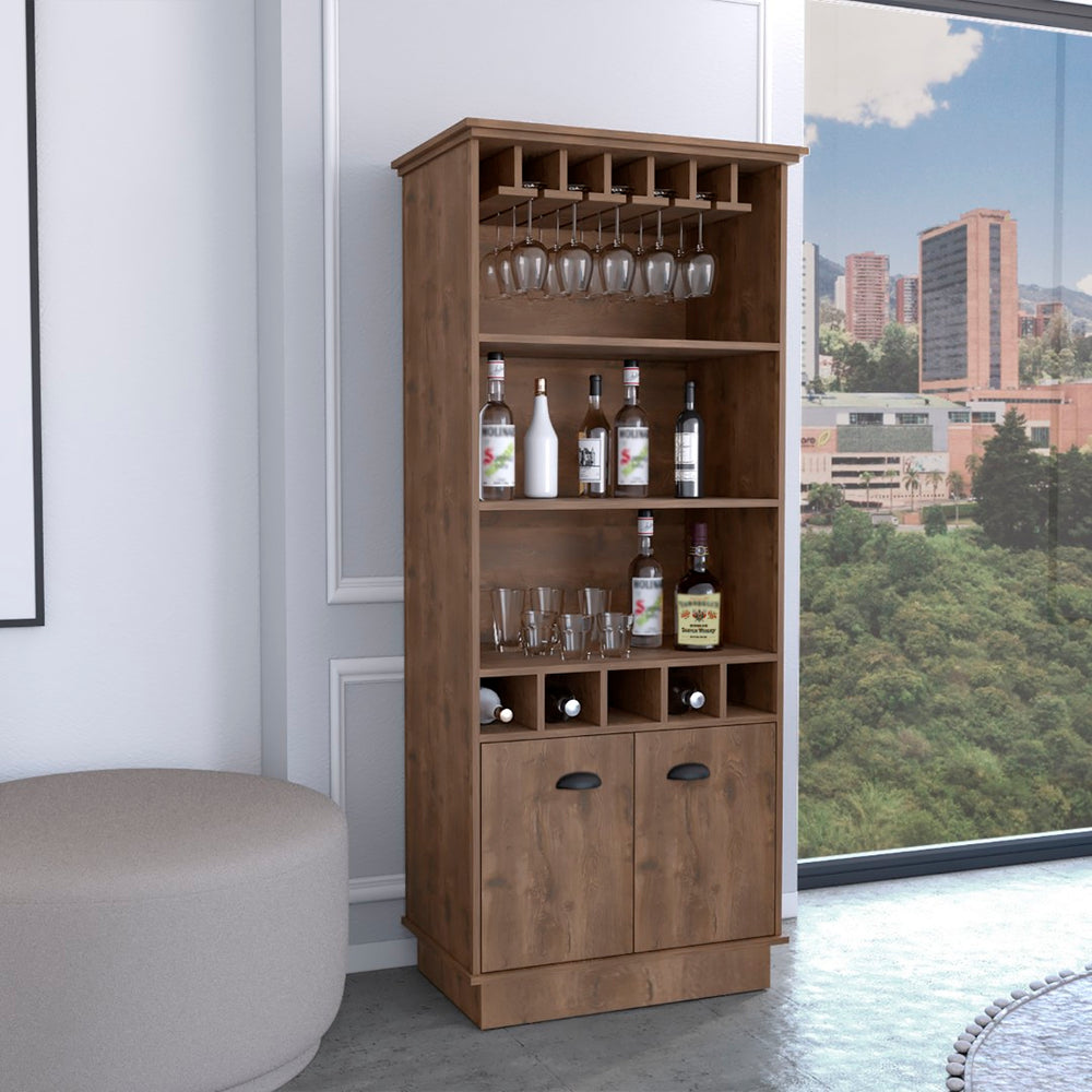 English Elm Dundee Tall White Bar Cabinet with Glass Panel Doors Open Cubbies and Display Shelves B200S00384