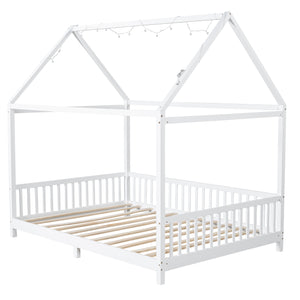 English Elm Wood Full Size House Bed with Guardrail, LED Lights & Sturdy Pine Frame for Kids Room Safety and Style N709P177524K