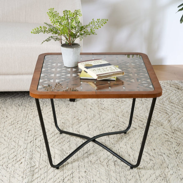 English Elm Modern Square Glass Top Coffee Table with Geometric Pattern and Black Metal Frame N770P197539B