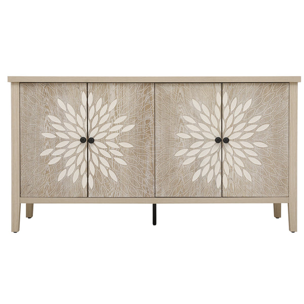 English Elm Sideboard Elegant Floral Handle Buffet Cabinet with 4 Doors, Adjustable Shelves & Reinforced Feet for Dining Room Storage Natural W688P232756