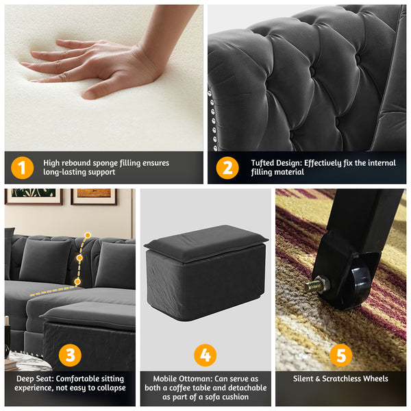 English Elm Chesterfield 3-In-1 Convertible Sofa Bed, Grey Velvet Tufted Sleeper With Ottoman & Pillows, Luxurious Design W1885S00173