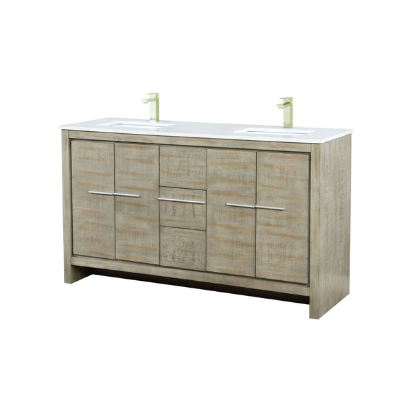 English Elm Rustic Acacia Double Bath Vanity 60" W With White Quartz Top & Brushed Nickel Faucet Set – Stylish Storage! B2731P259210-GIGA