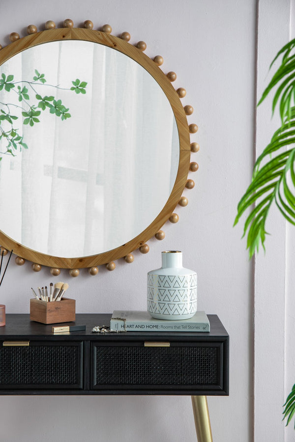 English Elm D5.9x7.9" Ceramic White Vase with Gold Trim and Geometric Triangle Pattern — Modern Curved Neck Accent centerpiece home décor elegant display W2078P391145