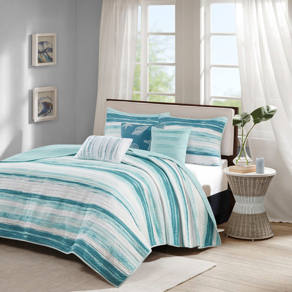 JLA Home Madison Park - 6 Piece Printed Quilt Set Coastal Watercolor Stripe Reversible Quilt with Embroidered Seashell Pillows 94 L x 104 W x 0.25H MP13-7949