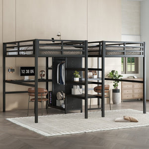 English Elm Twin Metal Loft Bed with Study Desk Wardrobe Shelving and Outlet for Kids Rooms Black W1580S00371