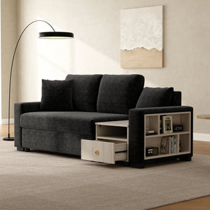 English Elm Modern Chenille Upholstered Sofa with Console Storage Armrest for Living Room Black N763S000062B