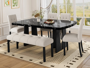 English Elm 6 Piece Dining Set with Rectangular Solid Wood Table, Upholstered Chairs & Bench, Rustic Charm, Easy Assembly, Seats 6 Beige,Black N752S000011A