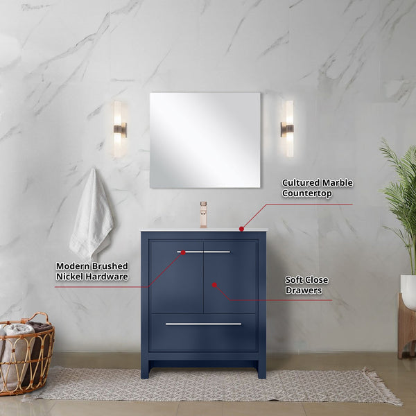 English Elm Navy Blue Bath Vanity Set With Cultured Marble Top, Rose Gold Faucet & Matching 28 In. Mirror B2731S02050