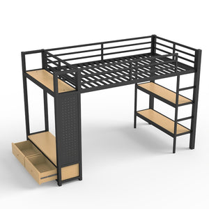 English Elm Full Size Pine Loft Bed House Frame with Slide Bookshelves and Moon Star Rails W1580S00590