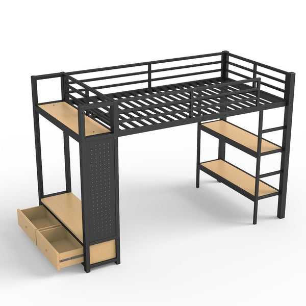 English Elm Full Size Pine Loft Bed House Frame with Slide Bookshelves and Moon Star Rails W1580S00590