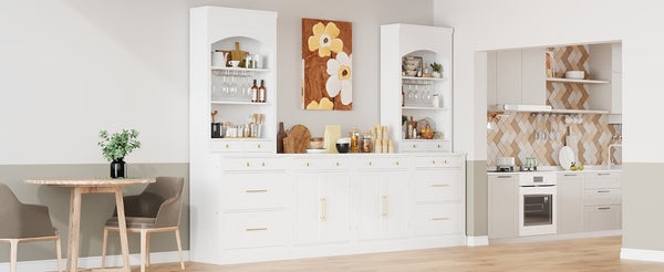 English Elm Modern Tall Kitchen Pantry Set of Two with Faux Marble Top and Glass Holders White SP000175AAK