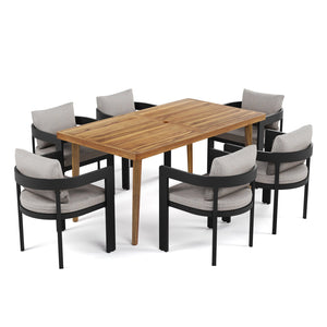 English Elm Christopher Knight Home® - Elko Janiyah 7-Piece Outdoor Dining Set With Beige Cushions & Acacia Wood Table, Modern Comfort ELKOJANI7PCDSETB