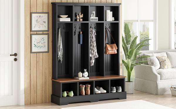 English Elm ON-TREND Farmhouse 59" Wide Hall Tree with 8 Hooks, Rustic Bench & Open Compartments for Organized Entryway Black N721P292601B