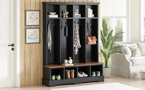 English Elm Farmhouse Hall Tree with Triple Arch Back Panel Eight Hooks Drawers and Entryway Bench Black N721S000075B