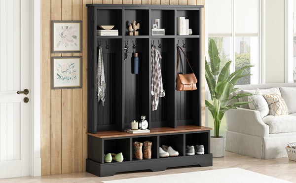 English Elm Farmhouse Hall Tree with Triple Arch Back Panel Eight Hooks Drawers and Entryway Bench Black N721S000075B