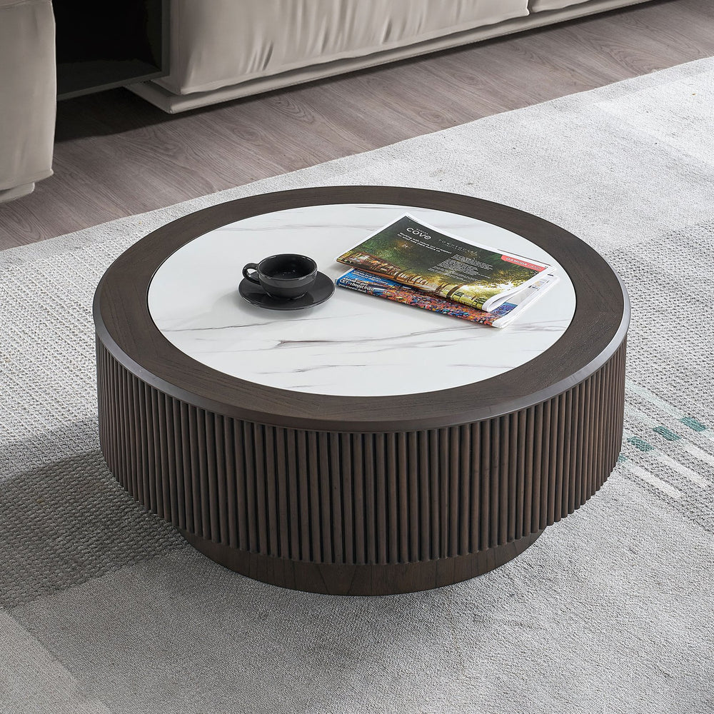 English Elm 31.5 Modern Faux Marble Coffee Table 33.5" Round Accent Table with Sturdy Pedestal, Dark Brown Finish W2582P312644