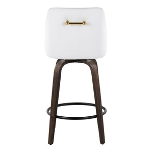 English Elm 26" Swivel Counter Stools Walnut Bentwood Gold Accents White Faux Leather Set of 2 B202S01835