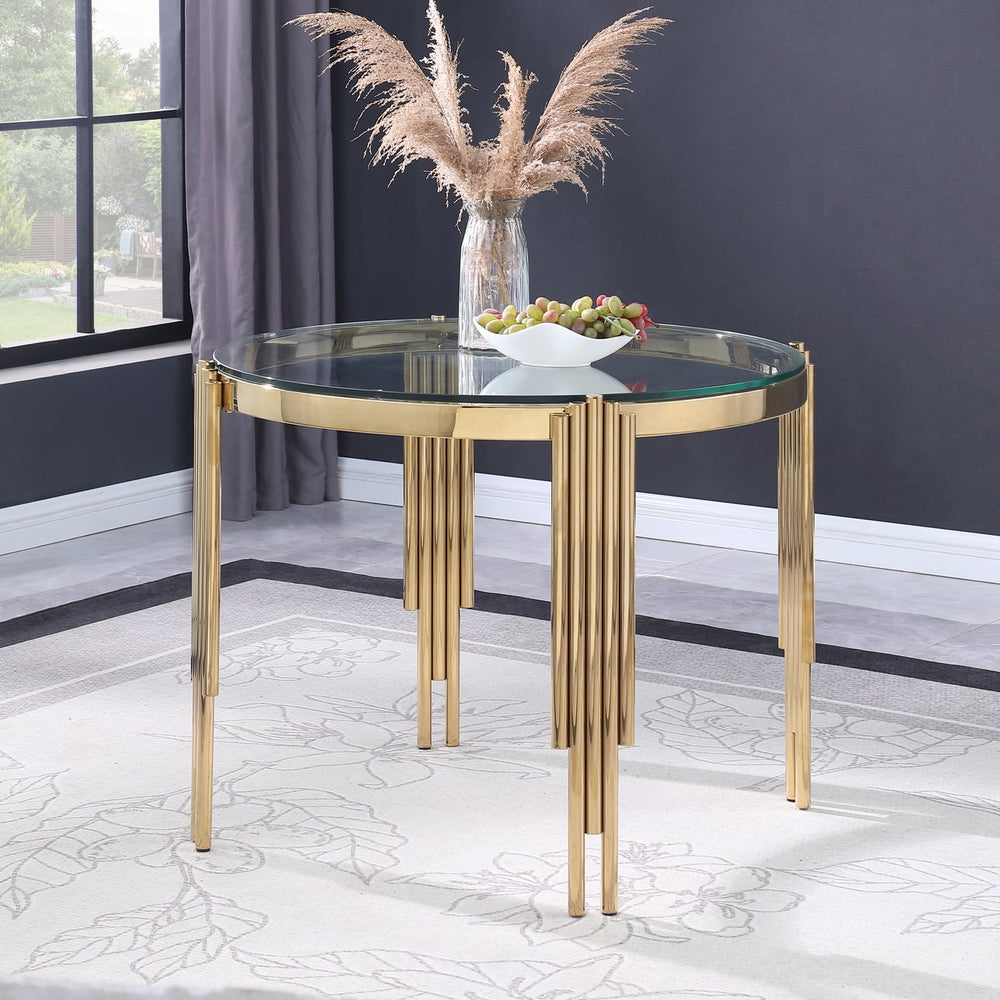 English Elm 38.6" Round Glass Dining Table for 4, Tempered Top with Sleek Gold Stainless Legs, Modern Chic Dining Clear,Polished Golden W1567S00016