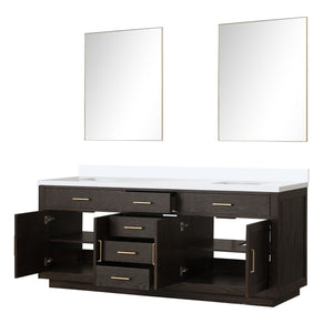 English Elm Brown Oak Double Bath Vanity Set With White Quartz Top & 36" Frameless Mirrors For Timeless Style B2731S01553
