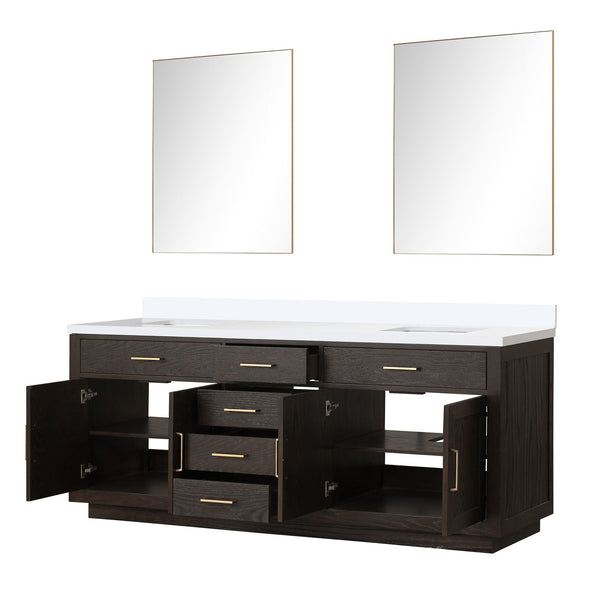 English Elm Brown Oak Double Bath Vanity Set With White Quartz Top & 36" Frameless Mirrors For Timeless Style B2731S01553