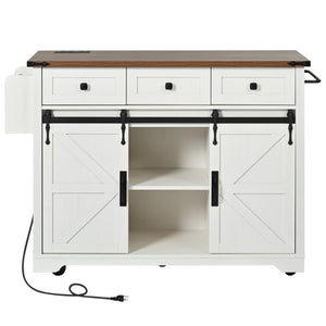 English Elm K&k Farmhouse Rolling Kitchen Island with Drop Leaf Power Outlets and Storage Cabinet White N707S170347W