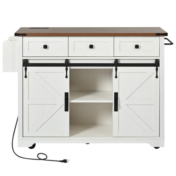 English Elm K&k Farmhouse Rolling Kitchen Island with Drop Leaf Power Outlets and Storage Cabinet White N707S170347W