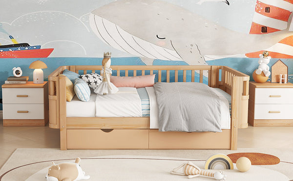 English Elm Twin Solid Wood Platform Bed with Guardrail for Kids, Low-Profile Sturdy Pine Frame, Safe Sleep Solution Natural 69.69 L x 18.5 W x 7.68 H W2593P331680