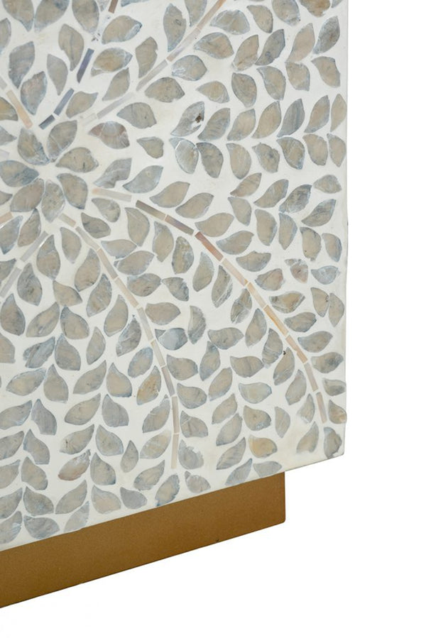 English Elm 14x14x18" Capiz Stool with Ogee Pattern and Brass Base — Modern Geometric Accent Seat for Living Spaces Cream White,Gold W2078P326594