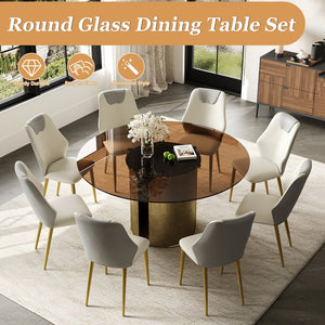 English Elm 59-Inch Modern Round Dining Table Set - Dark Brown Glass Top With Antique Copper Steel Base For 8 W509S00148