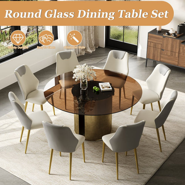 English Elm 59-Inch Modern Round Dining Table Set - Dark Brown Glass Top With Antique Copper Steel Base For 8 W509S00148