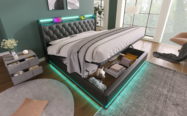 English Elm King Upholstered Bed with Surround LED, App/Remote Control, Hydraulic Storage, USB Type-C Charging Black N736P188808B