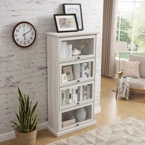 English Elm Glass 4-Tier Display Cabinet with Tempered Glass Doors, Flip-Up Access, Aluminum Frame, Elegant Chic Storage for Collectibles and Books Antique White W2275P206602