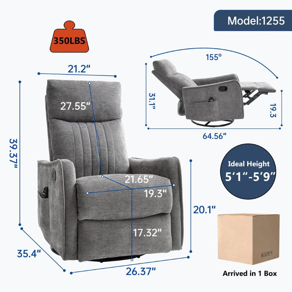 English Elm Blue Fabric Swivel Rocker Recliner with Massage Heat Nodes for Living Room Comfort Dark Gray W1803P321841