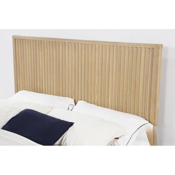 English Elm Queen Fluted Wood Platform Bed with Round Feet, Light Oak Finish—Modern Minimalist, Sculptural Warmth B011S01966