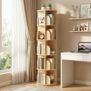 English Elm 3 Tier Spinning Round Bookcase Natural Wood Floor Shelf for Bedroom or Study W2989P460331