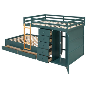English Elm Full Size Bunk Bed with Integrated Drawers Wardrobe Mdf Solid Wood Kids Storage Green LT000463AAG