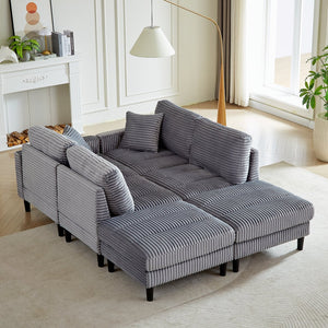 English Elm 122.5-Inch Oversized U-Shaped Modular Sofa Corduroy Sectional with Double Chaise, Ottoman, Pillows and Plastic Legs Grey W1193S00123