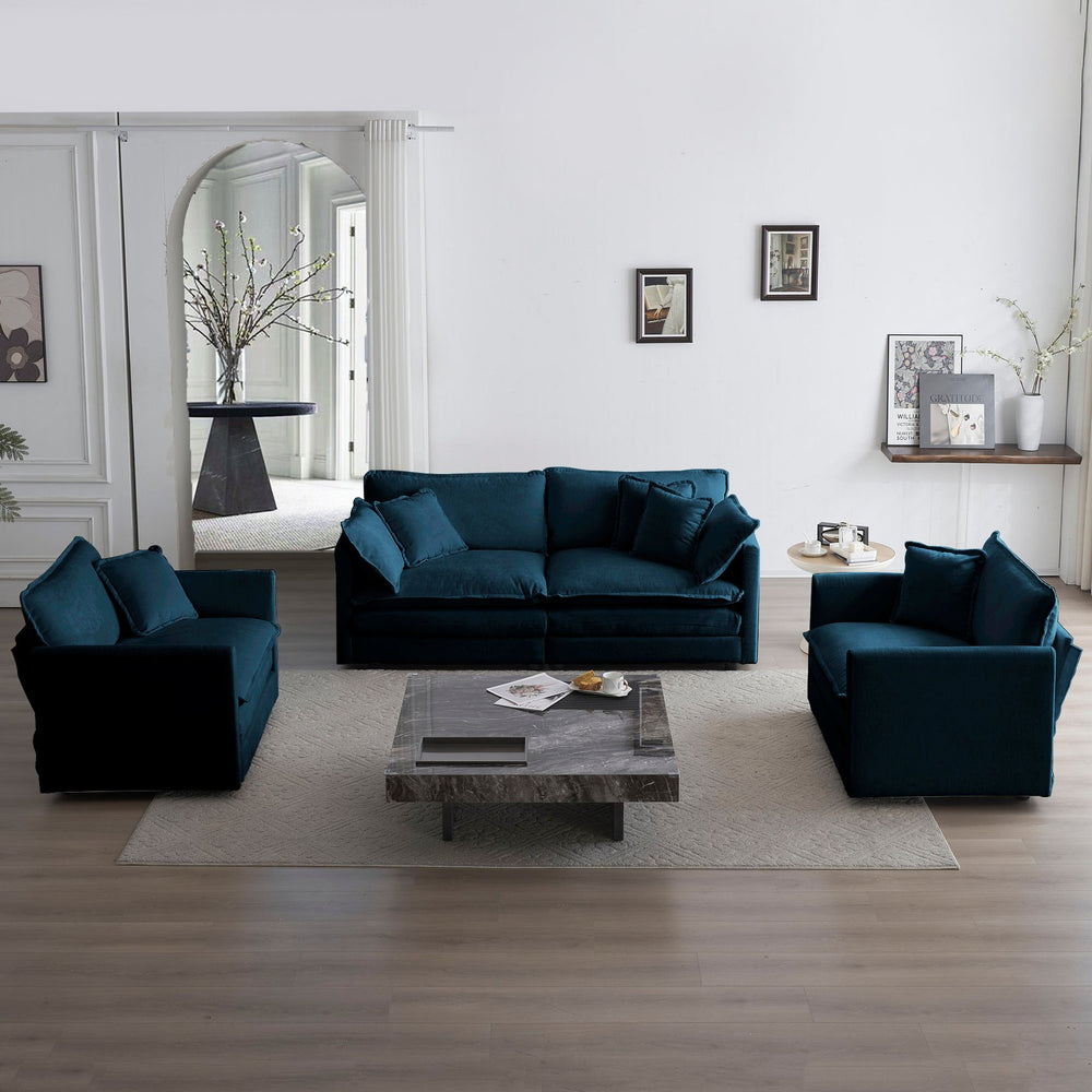 English Elm 3 Piece Sofa Set - Stylish Blue Chenille With Arm Pillows, Space-Saving For Versatile Living Room Comfort W714S00589