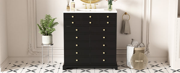 English Elm 30'' Solid Wood Frame Bathroom Vanity with Ceramic Sink, Retro Black Freestanding 2-Drawer Cabinet N710P276724B