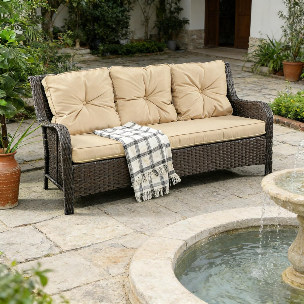 English Elm Patio Three-seat Outdoor Sofa Handwoven Pe Rattan Steel Frame with Foam Cushions T3971P446225
