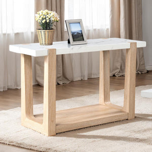 English Elm 1pc Sofa Table Faux Marble Top Two-Tone Design Contemporary Accent Console with Sleek Storage Appeal and Modern Flair Natural,White 54 L x 22 W x 14 H B2741P402820