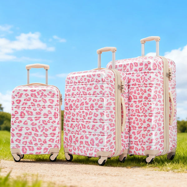 English Elm Hardshell Polycarbonate Luggage Set Three Piece Spinner Suitcases with Tsa Lock Pink Leopard N732P218227U